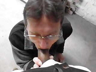 Old salesman old gay cock blowing black cock in a hardware salesman gay store