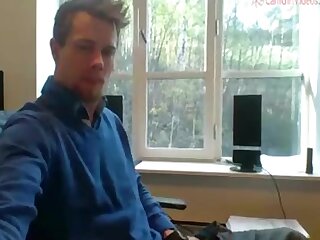 Blond Scandinavian looking Guy Wanking into his Coffee Cup in his office