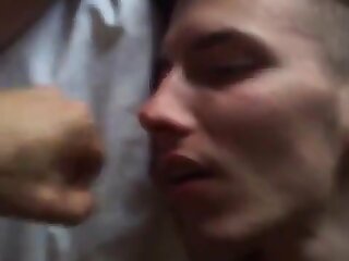 You can see the desire in his eyes. Sexy twink gets a facial of cum