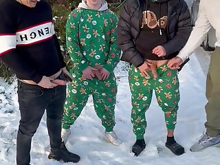 Big dicked group piss in the snow