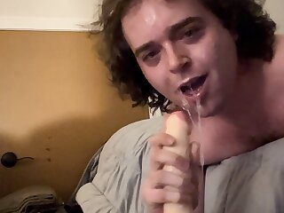 Ugly autistic college student humiliates itself by deepthroat training using its 10” dildo