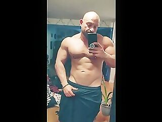 Bald Muscle Man, Showing His Big Uncut Cock