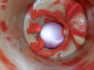 The camera inside the deep pussy toy records a huge ejaculation with a stuck condom 4k