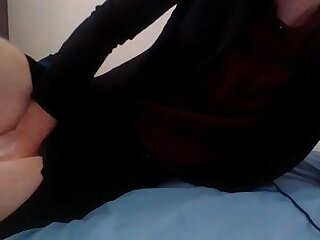 Secretary crossdresser gets horny after work in her silk blouse and black skirt
