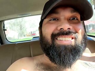 He was so horny that he jerks off in his vehicle and cums all over his hairy body